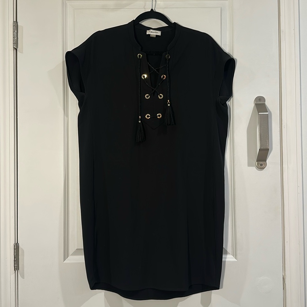 Calvin Klein black shift dress with lace up detail